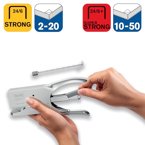 Rapid Classic K1+ Platin-Heftzange für Heftklammern Nr. 24 (24/6 und 24/8+), einstellbarer Amboss und Rücklademechanismus, ClimatePartner-zertifiziert – Büro, DIY, Einzelhandel, Silber, 5000250