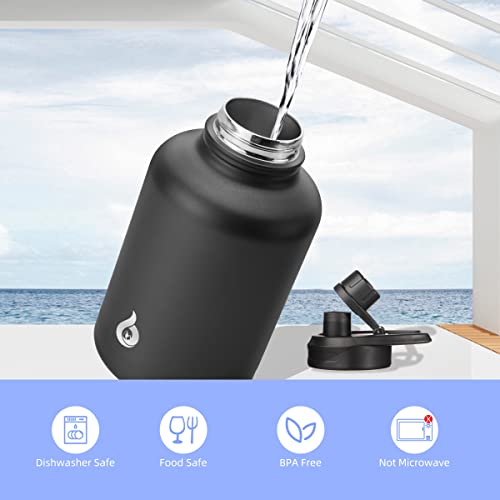 Bjpkpk Insulated Water Bottles With Straw Lid,50Oz Large Water Bottle,Stainless Steel Vacuum Water Bottle,Hot & Cold Insulated Water Bottles With 3 Lids And Paracord Handle, Black #TOP4