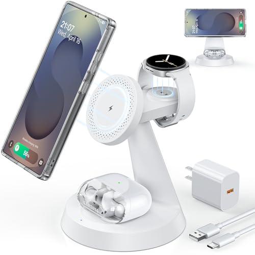 Magnetic Wireless Charger for Samsung, 3 in 1 Charging Station Compatible with MagSafe Charger for Samsung Galaxy S25 Ultra Z Fold7/Flip7, Watch Charger Stand for Galaxy Watch Ultra 8, for buds, White