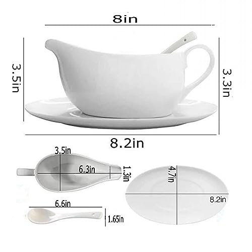 Qlans Gravy Boat With Ladle and Saucer 17 Oz,Ceramic Sauce Boat with Tray for Salad Dressings Milk,Warming Sauces,Creamer,Broth,Black Pepper,White (1 PCS New Gravy Boat With Ladle and Saucer)