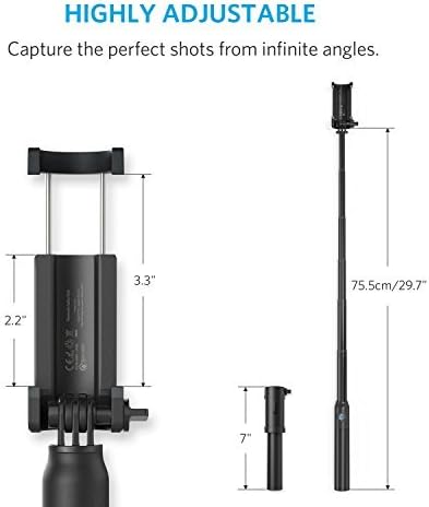 Diagram showing dimensions and adjustability of Anker Bluetooth Selfie Stick