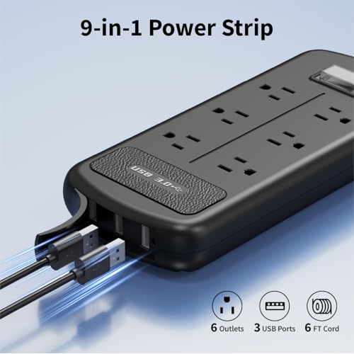 Protector eléctrico exterior resistente al agua IPX6, 6 tomas con 3 puertos USB, 1625W/13A, cable de extensión de 1.83 m, protección contra sobrecarga y choque eléctrico, montable en pared para hogar, oficina y exteriores. miniatura 2