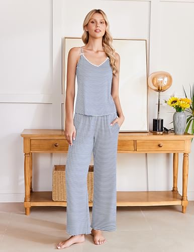 Image of Ekouaer Womens Y2K Cami Pajama Set with Flare Pants, 2 Piece Lace Trim Sleepwear Spaghetti Strap Pjs Set XS-2XL