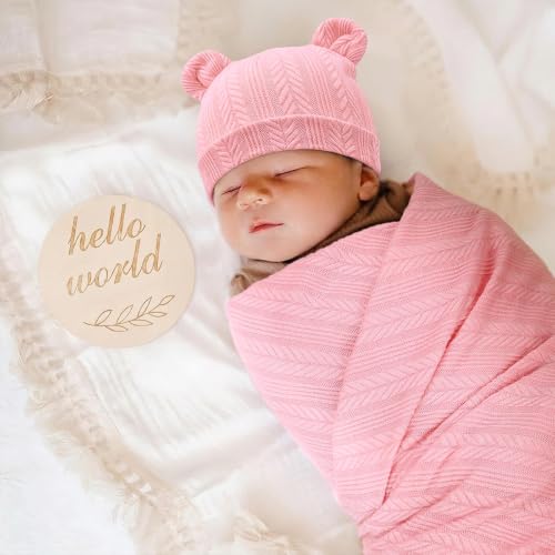 Image of DRESHOW BQUBO Newborn Receiving Blankets for Baby Girl Boy Swaddle with Bear Hat No Scratch Mittens Announcement Card Set for 0-3 Months