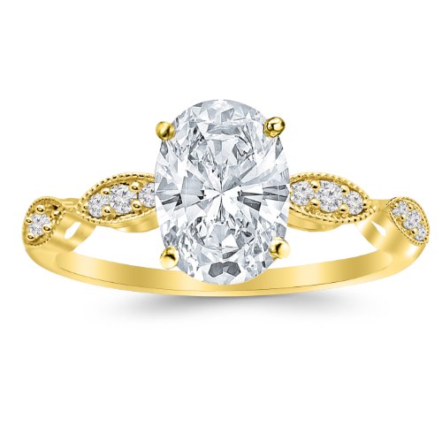 Yellow Gold Contemporary Yet Milgrain Vintage Designer Halo Diamond Engagement Ring with a 0.5 Carat Oval Cut H Color SI1 Clarity Center Stone