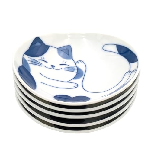 ??(Ichikyu) Mino Ware 508-01 Oval Plate, Small Plate, Soy Sauce Plate, Set of 5, Diameter Approx. 4.3 inches (11 cm), Microwave and Dishwasher Safe, Dishware, Mike, Cat, Made in Japan
