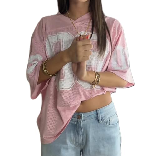 DSORVICD Women Oversized Jersey Shirts Y2k Number Print Graphic Tees V Neck Short Sleeve Baggy T-Shirt Preppy Clothes