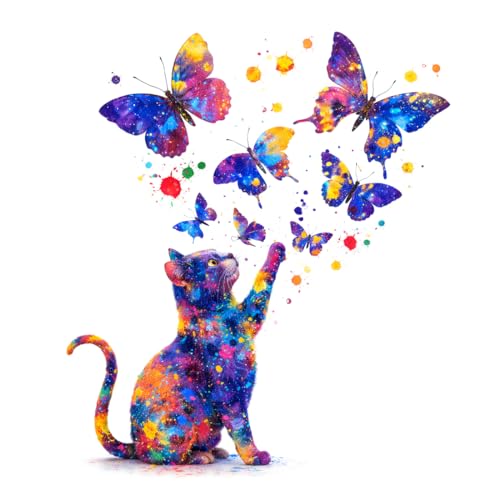 Image of Rangoli Colorful Cat Butterfly Wall Sticker 16 x 18.5 Inch Abstract Paint Splash Design Self Adhesive Wall Decor for Living Room Bedroom Kids Room Modern Wall Art