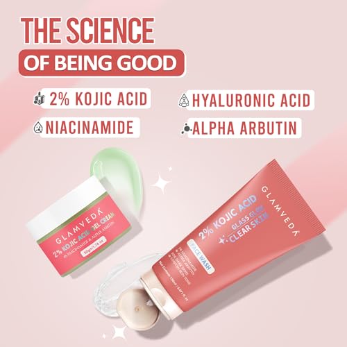 Image of Glamveda 2% Kojic Acid Skin Care Combo | Brightening Facewash & Gel Cream | Remove Fades Dark Spots, Pigmentation & Acne Scars | Evens Skin Tone | Blemishes & Boosts Radiance | Women & Men 200ml