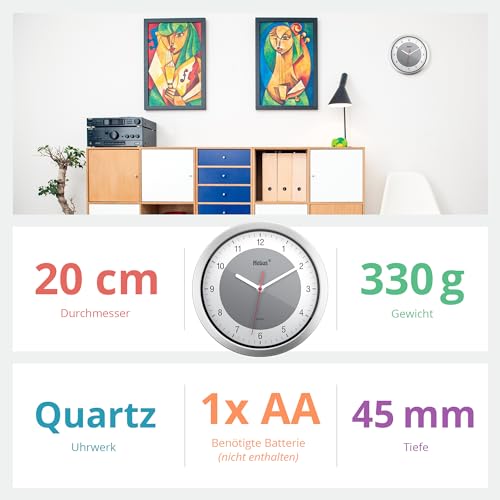 Mebus Quartz Wall Clock/Small Clock for Small Spaces/Silver Frame/White Dial/Grey Accent Circle/20cm Diameter/Round/Model: 16210/Color: Silver - Image 4