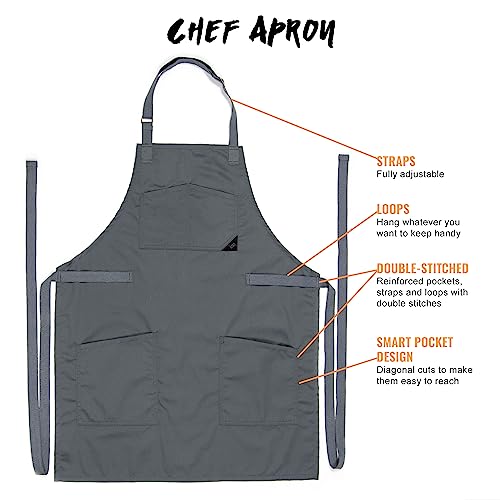 Under Ny Sky Chef Apron – Professional Gray Twill – Cotton Straps - Smart Pockets - Adjustable For Men And Women – Pro Chef, Cook, Kitchen, Baker, Barista, Bartender, Server Aprons #TOP2