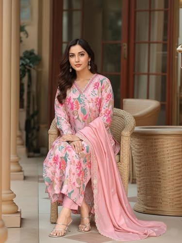 Image of GoSriKi Women's Rayon Viscose Printed Straight Kurta with Pant & Dupatta | Elegant Three Piece Kurti Set | Soft Comfortable Fabric | Stylish Ethnic Outfit for Office Festive