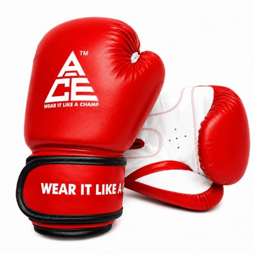 Image of ACE Genuine Leather Boxing Gloves | Adult Training Gloves for Sparring | Shock Absorbing Padding | Secure Wrist Strap | Punching Bag Workout | Red | 8 oz