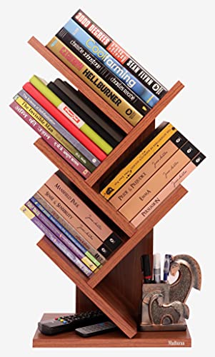 Image of Madhuran Engineered Wood Wall Mounted Cum Free Standing Books Magazine Stands Racks Holder (Teak Finish) / Office Study Table Organiser Living Room Bedroom Storage Pen