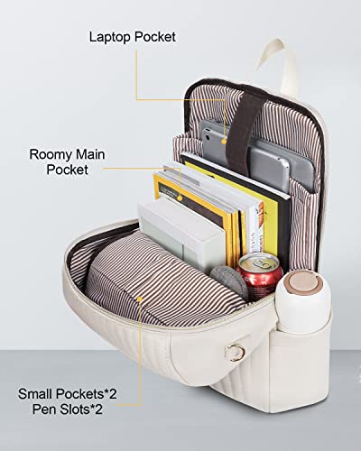 Quilted Laptop Backpack For Women, 15.6 Inch Convertible Soft Leather Backpack Purses Fashion Water Resistant Shoulder Bag, Anti-Theft Travel Bookbag Girls Cute Handbag For Work College School, Beige #TOP3