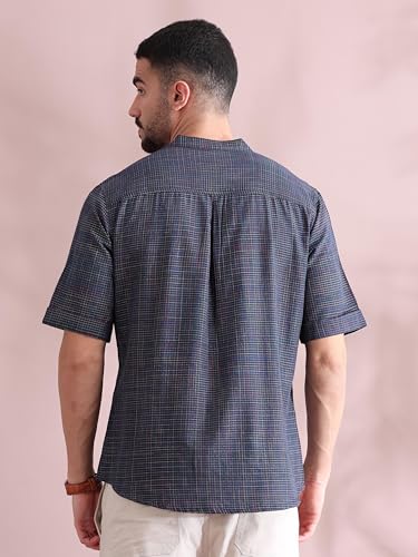 Image of Filori Lurex Checks Design Short Kurta | Pure Cotton | Half Sleeves | Mandarin Collar
