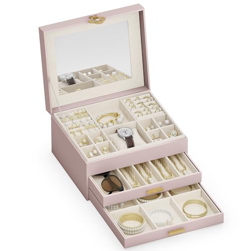 ADEL DREAM Joyero de 3 niveles con botón de trébol, almacenamiento de joyas con bandeja extraíble, organizador de joyas con espejo grande, compartimentos ajustables para manualidades, para madres y