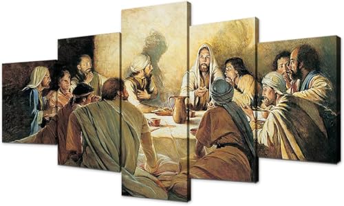 Tableau mural Jésus-Christ La Cène déco salon moderne toile encadrée 5 panneaux