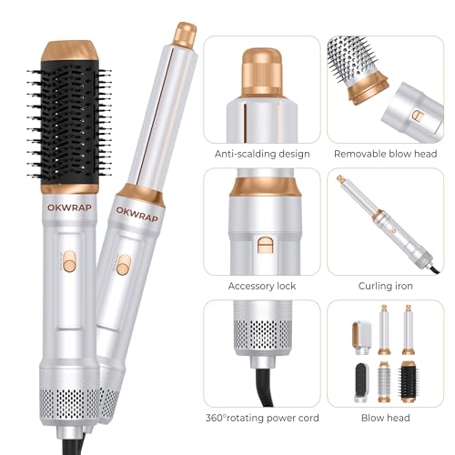 Image of 6 in ONE Blow Dryer Brush,Air Curling Iron Round Brush Blow Dryer 800W,Ionic Hair Dryer Brush for Women, Hot Air Brush Hair Styling Tools 100-120V