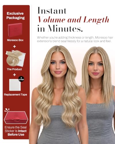 Image of Moresoo Blonde Skin Weft Tape Extensions Human Hair, 12 Inch, 40Pcs, 60g | Invisible Tape ins, Remy Straight Human Hair, Seamless Skin Weft, Short Hair Extensions, Fine Hair, Volume Boost, Style