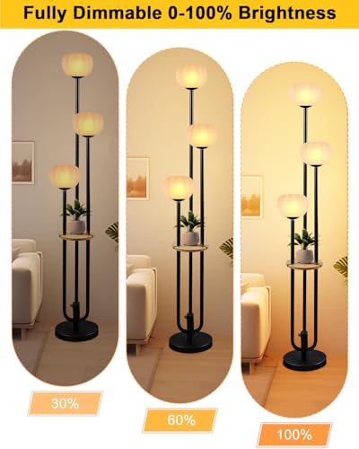 Image of Black Floor Lamp Dimmable Modern Floor Lamps with Pumpkin Lampshade & Table, 3000K Soft Warm White Bulbs Included, 3-Light Tall Standing Lamp with 5Lbs Heavy Base for Living Room /Bedroom