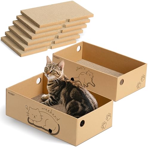 Ycozy Tiragraffi gatto con 2 scatole e 6 tavole tiragraffi, grande XXL in cartone antigraffio double face per gatti di alta qualità, intercambiabile, resistente, mobili per gatti