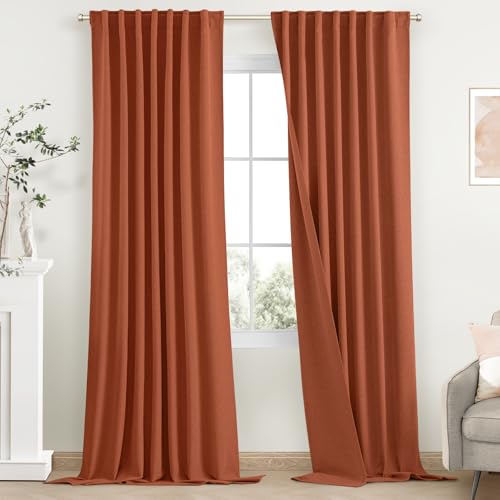 SimpleHome Burnt Orange Linen 100% Blackout Curtains for Living Room,84 Inch Length Farmhouse Back Tab Textured Curtains for Bedroom,2 Panels,52