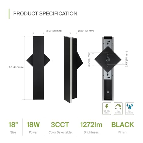 Image of ASD 18 inch LED Linear Wall Sconce | Backlit Glow 3CCT, Porch Patio | Black