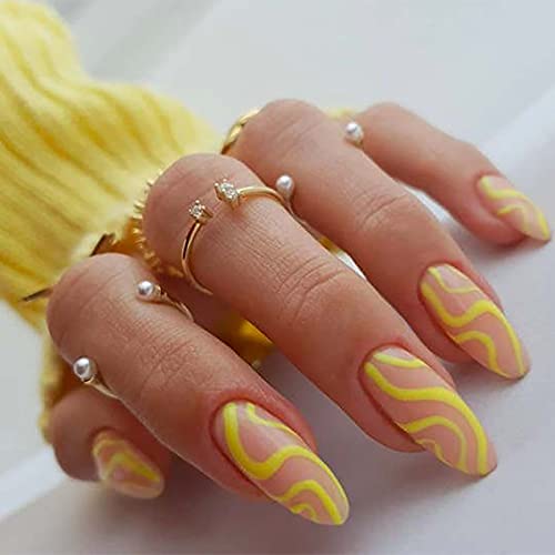 IMSOHOT Round Fake Nails French Pop Style Press on Nails Long Oval Glossy False Nails with Designs Yellow Glue on Acrylic Nails for Women and Girls