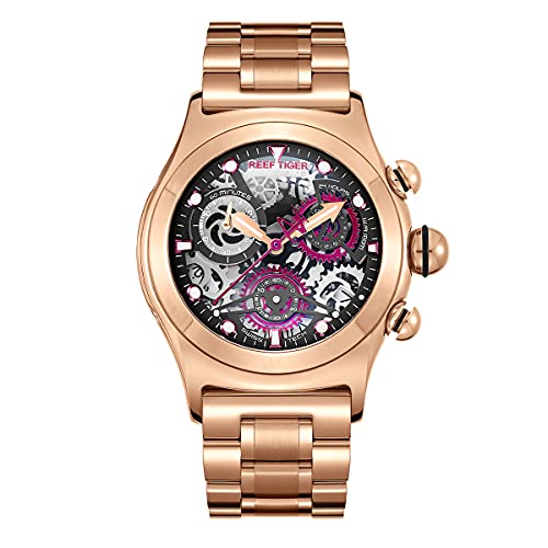 REEF TIGER Sportuhr für Herren, Skelett-Automatikuhr, leuchtendes Roségold, Armbanduhren RGA792, Rga792-pbry, Armband