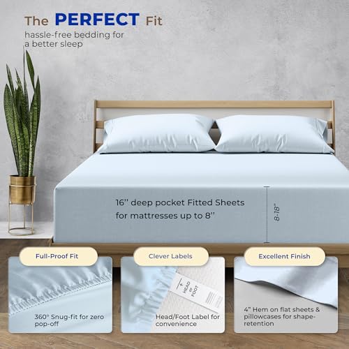 Image of THREAD SPREAD Full Size Bed Sheets, Luxury 1000 Series Paradise Collection 100% Egyptian Cotton Sheets Full Size Set (4 PC, Light Blue), Silky Soft, Cooling, Sateen, 16 inch Deep Pocket Hotel Sheet Set