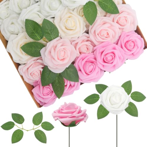 WANTMAZOR 25PCS Pink Series Realistic Roses - Artificial Latex Foam Flowers with Bendable Stems & 8PCS Leaves for Wedding, Home and Party DIY Decor