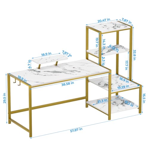 Image of GreenForest Computer Desk 58 inch with Printer Shelf, Reversible Office Desk with Monitor Stand and 2 Hooks, Home Desk Workstation for Study Writing Working Gaming, Marble