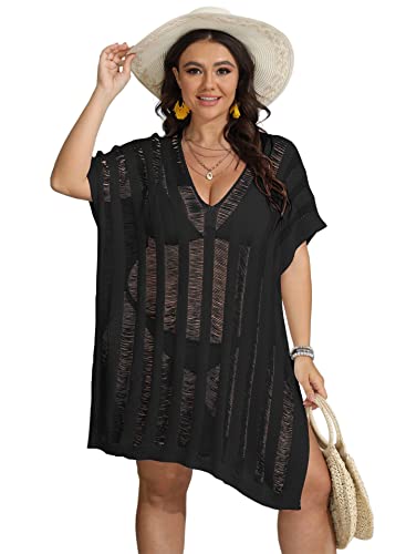 Women's Beach Cover Up Plus Size Swimwear Cover Ups Hollow Out Knitted Beach Cover-up with Side Slit