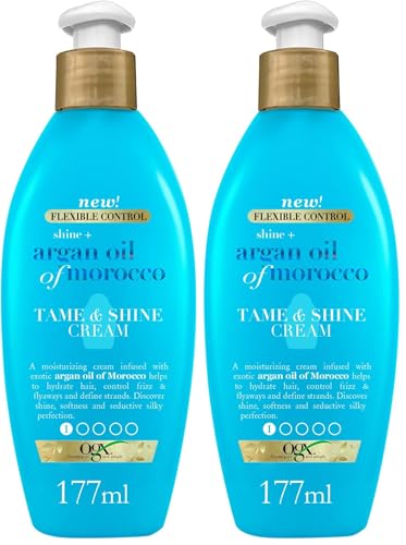 OGX Shine + Argan Oil of Morocco Tame and Shine Cream (1 x 177 ml), crema de peinar rizos enriquecida con aceite de argán, tratamiento anti-frizz, para pelo rizado (Paquete de 2)