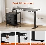 REAHOME Electric Standing Desk with Drawers, 47 x 24 Inches Height Adjustable Sit Stand Desk with Storage, 3 Memory Preset Home Office Computer Desk, Printer Cabinet, 2 Hooks, Cable Management, Black