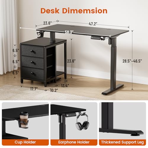Image of REAHOME Electric Standing Desk with Drawers, 47 x 24 Inches Height Adjustable Sit Stand Desk with Storage, 3 Memory Preset Home Office Computer Desk, Printer Cabinet, 2 Hooks, Cable Management, Black