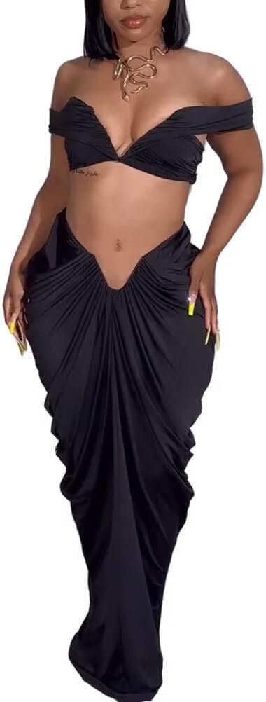 Womens Sexy Tube Tops and Ruched Pleated Skirts 2 Piece Sets Party Club Suits