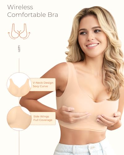 Wireless Bras for Women, Seamless Full Coverage Comfortable Soft V Neck No Underwire Support Push Up Everyday Bra3