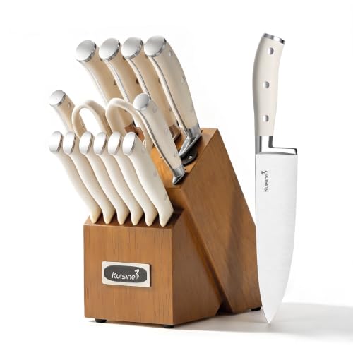 Image of Kuisine Kitchen Chef Knife Block Set,High Carbon Stainless Steel Razor-Sharp Blade Ergonomic Handle,Sharp Knife Set with Built-in Sharpener,Elegant Gift(Irovy-Acacia,15pcs)