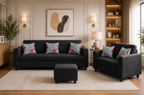 Image of Rosebell 3+2 Fabric Sofa Set with Ottoman | Premium Upholstery 5-Seater Sofa | with Printed Cushions | Living Room Furniture |Black-Color
