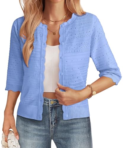GRACE KARIN Womens Short Sleeve Cardigan Sweater, Lightweight Cropped Cardigan Trendy, Dressy Casual Crochet Bolero Shrugs Blue