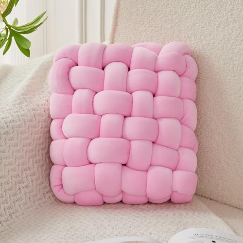 JELLYMONI Pink Square Knot Throw Pillow, Small Size Home Decorative Pillow, Decorative Ins Throw Pillow, Soft Velvet Knotted Decor for Room and Couch (S- 11.8"×11.8"×3.5", Pink)