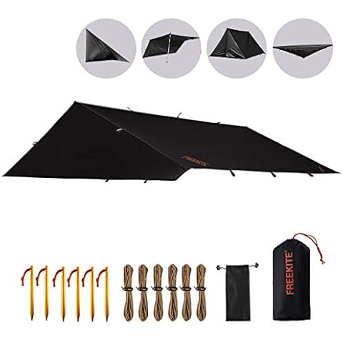 FREEKITE Lightweight Waterproof Camping Tarp Tent, Large Portable Bushcraft Backpacking Nylon Fabric Rain Fly Tarps for Hammock Tactical Hiking Emergency Shelter Tarp (Black) Cover