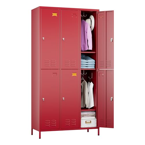 6 Doors Metal Locker Employee with Business Card Holder and 18 Hooks,Metal Locker for Employees with Ventilation Holes for Office Garage Gym Home,Assembly Required,Red