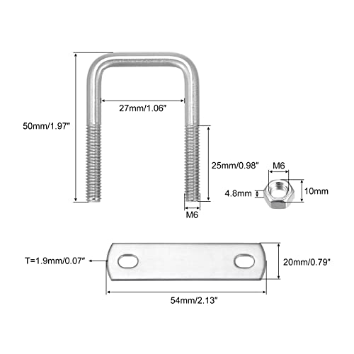 Image of uxcell Square U-Bolts, 3 Sets 27mm(1.06 inch) Inner Width 50mm Length M6 304 Stainless Steel U Clamp Bolt with Nuts and Plates, for Boat Trailer