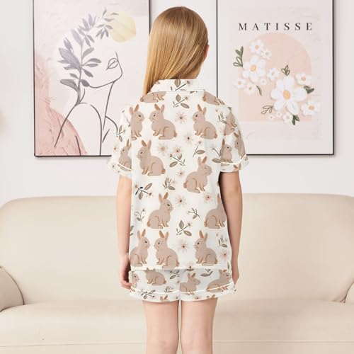 ALAZA Rabbit Cartoon Leaves Stylish Pajamas Satin Pajama Set Short Sleeve Button Down Sleepwear4