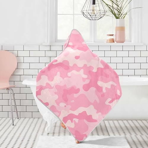 Image of Moudou Pink Camouflage Baby Hooded Towel, Ultra Soft Absorbent Cotton Baby Bath Towel for Newborn Toddler Boys Girls, 30 x 30 Inch