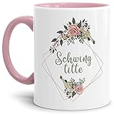 Tassendruck Blumen-Tasse mit Spruch Schwing-Titte - Beleidigung/Schimpfwort/Geschenkidee für das Büro/Innen & Henkel Rosa