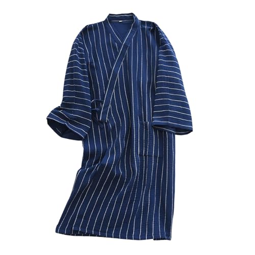 バスローブ パジャマ 介護 前開き メンズ青系 レディースピンク 綿素材 バスローブ 薄手 家庭用 リラックス 就寝 お風呂上がり 内外ひも (男藍,M)